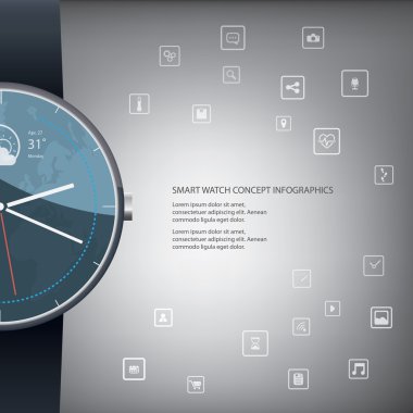 Smart watch concept infographics with round shape and icons for applications.