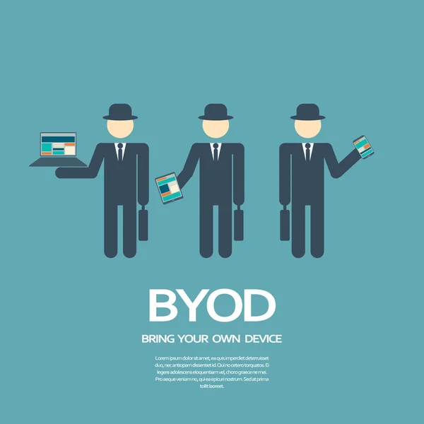 Traiga su propio dispositivo, BYOD, ilustración del concepto con varios dispositivos . — Archivo Imágenes Vectoriales