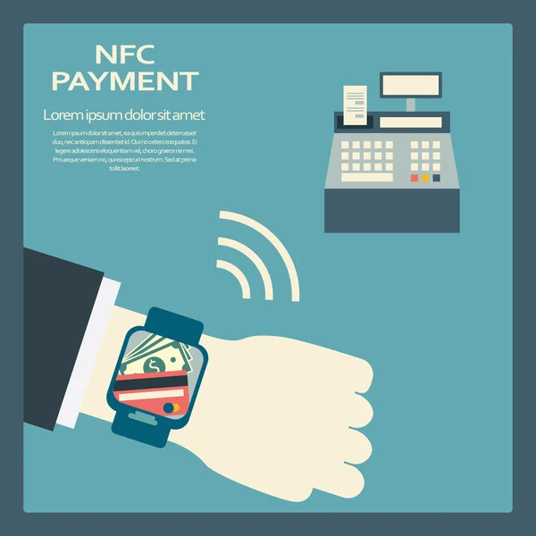 Concetto di pagamento mobile con simbolo della carta di credito sulla tecnologia smartwatch NFC . — Vettoriale Stock