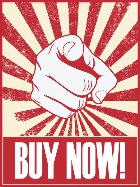 Compre agora banner com dedo apontando de punho apertado adequado para propaganda de compra de vendas . — Vetor de Stock