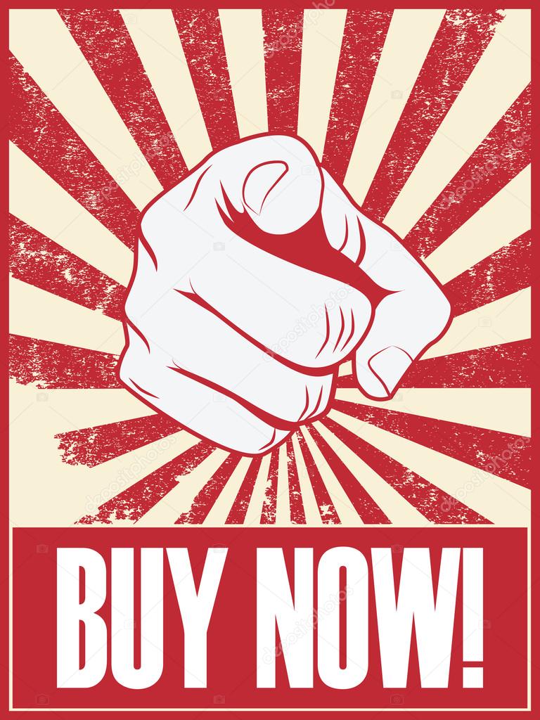 Buy now banner with finger pointing from clenched fist suitable for sales shopping advertisement.