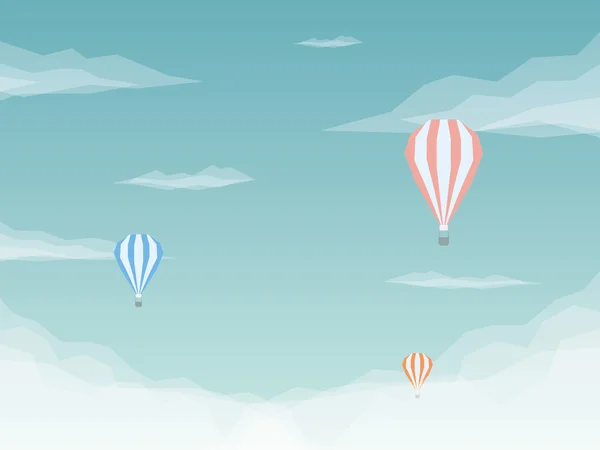 Hot air balloons vector background. Low poly design with sky and clouds.