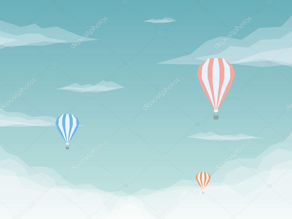 Hot air balloons vector background. Low poly design with sky and clouds.