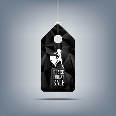Картина, постер, плакат, фотообои "черная пятница на распродаже. ценник с многоугольным фоном. элегантная модная женщина и текст
.", артикул 83519842