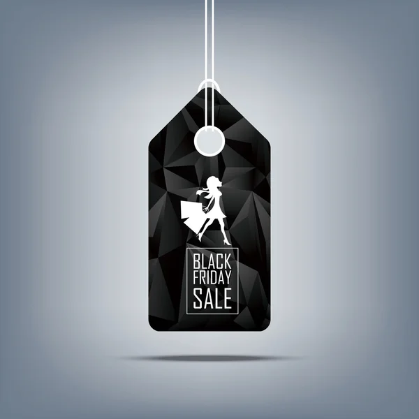 Black friday sale banner. Price tag with polygonal background. Elegant fashionable woman and text. — Stockový vektor