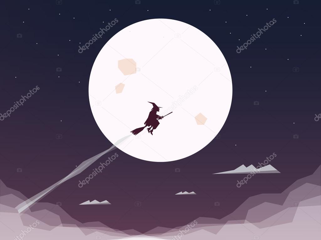 Halloween vector background. Holiday card template. Witch flying in front of full moon.