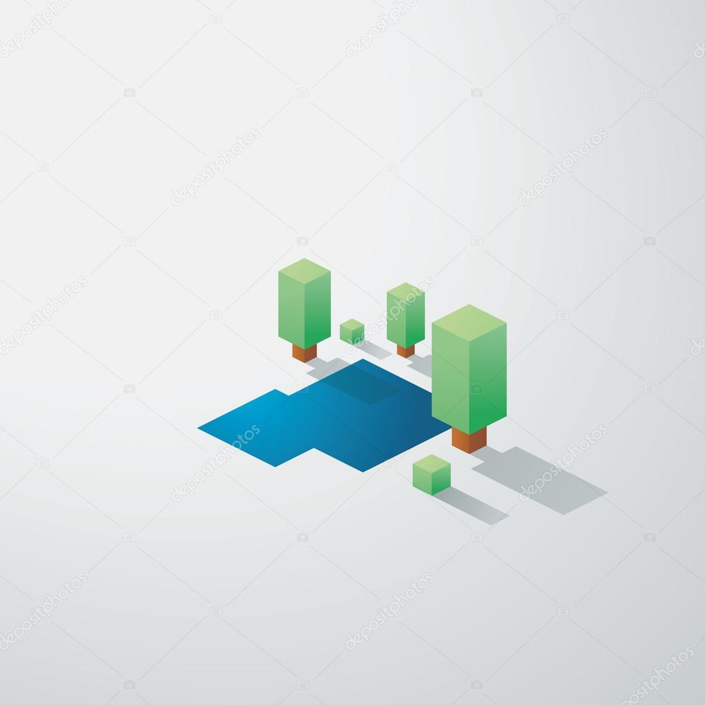 Minimalistic nature landscape background. Low poly isometric design. Trees and lake environment.