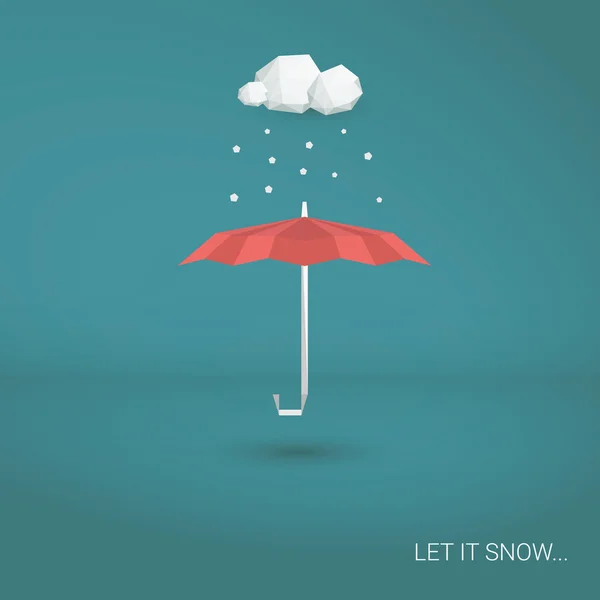 Christmas snowing card. Red umbrella and falling snowflakes. Holiday postcard template. — Διανυσματικό Αρχείο