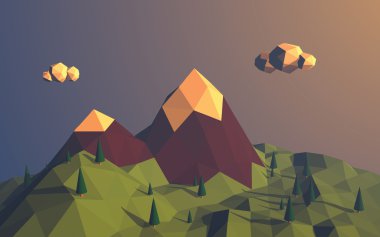 Low poly mountains landscape vector background. Polygonal shapes peaks with snow on top and trees around. Sunset wallpaper.