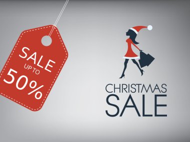 Christmas sale poster. Holiday sales vector template. Sexy woman in santa dress and hat with shopping bags. Price tag for promotional text.