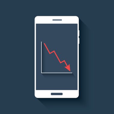 Mobile chart infographics element. Smartphone with graphs. Business report diagram. Red line graph falling.