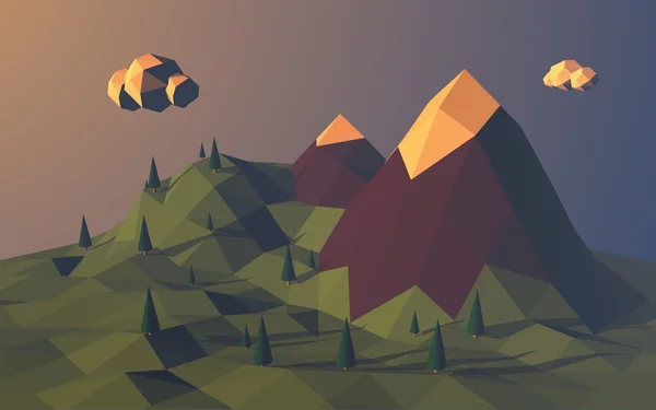 Low poly mountains landscape vector background. Polygonal shapes peaks with snow on top and trees around. Sunset wallpaper.