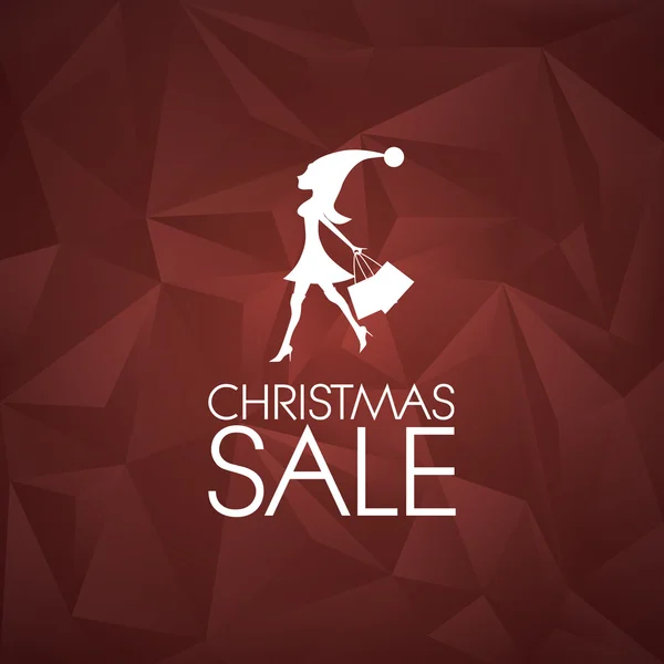 Low poly christmas background. Holiday sales poster. Woman in Santa dress with shopping bags. Promotional advertising banner. — 스톡 벡터