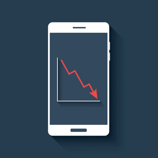 Mobile chart infographics element. Smartphone with graphs. Business report diagram. Red line graph falling. — Stock Vector