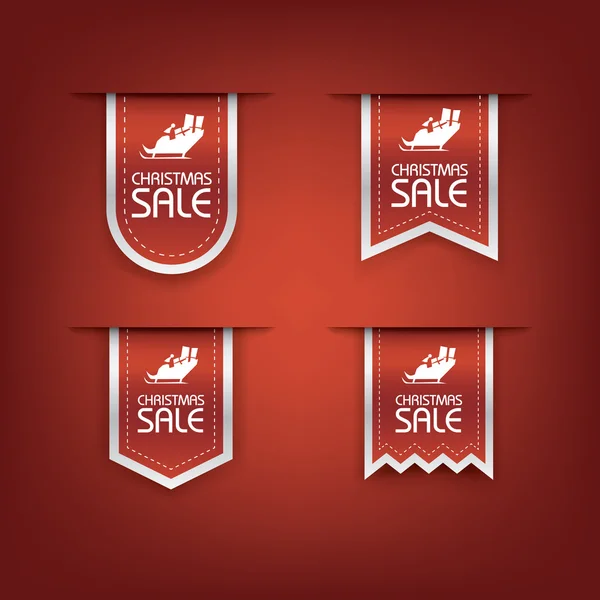 Collection of Christmas sale ribbon vector. Holiday discounts banners with santa on sleigh. 3d bookmarks elements.