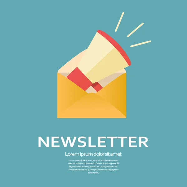 Newsletter icono de diseño plano. Megáfono en un sobre para la plantilla de correo electrónico de negocios. Símbolo de anuncio promocional . — Vector de stock