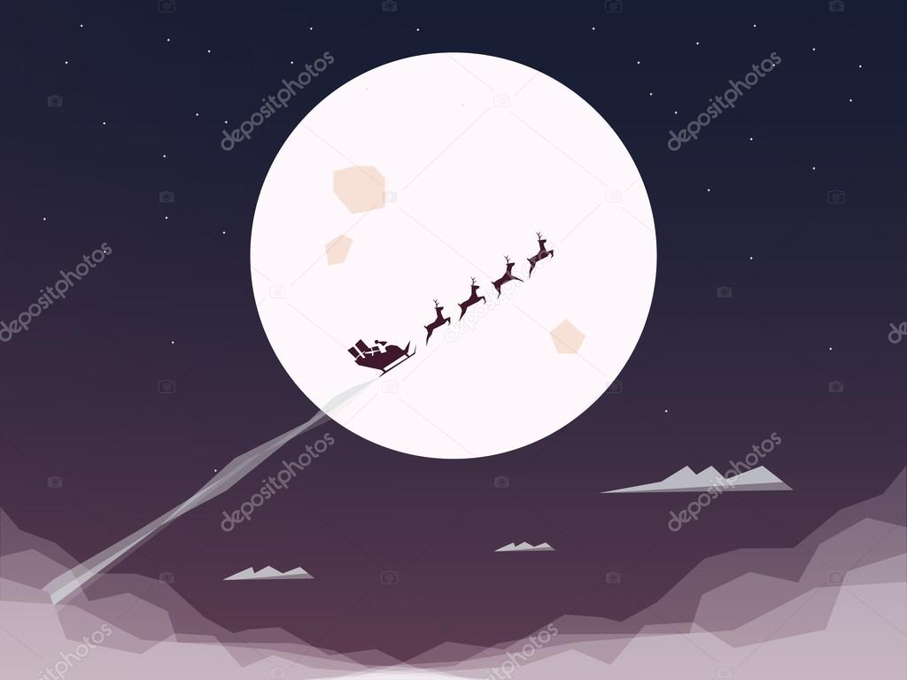 Santa riding sleigh in full moon. Flying silhouette, night sky. Christmas card vector background.