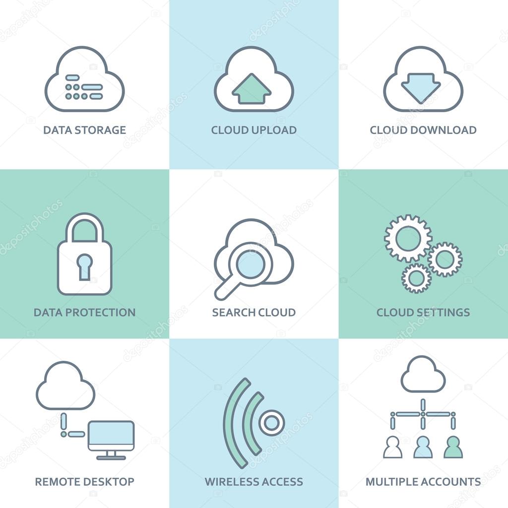 Cloud computing line icons set. Flat design elements. Database, communication technology, hosting services, server computer symbols.