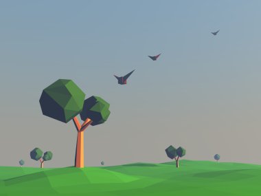 Low poly landscape with fields and trees. Nature scene at sunset, flying birds. 3d render illustration. clipart