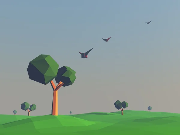Low-Poly-Landschaft mit Feldern und Bäumen. Naturszene bei Sonnenuntergang, fliegende Vögel. 3D-Darstellung. — Stockfoto