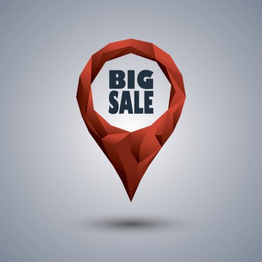 Büyük satış simgesi. Düşük Poli dizayn konumu iğne ile içindeki metin için satış promosyon ve reklam.