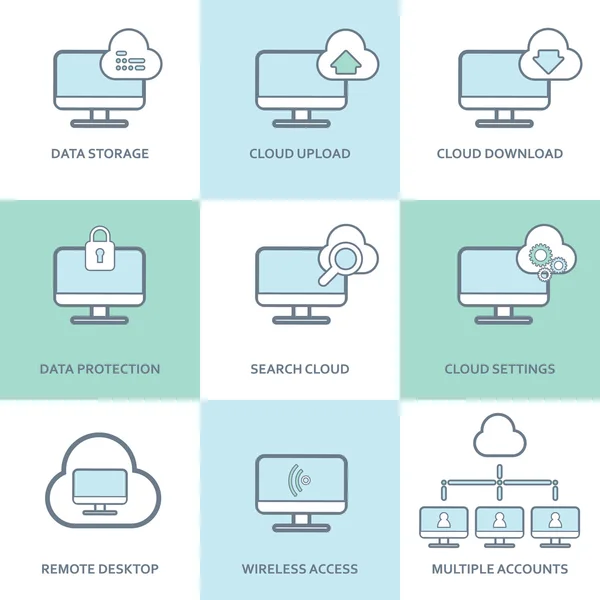 Cloud computing ikoner collection. Uppsättning dator symboler för innovativ teknik i kommunikation och datalagring. — Stock vektor