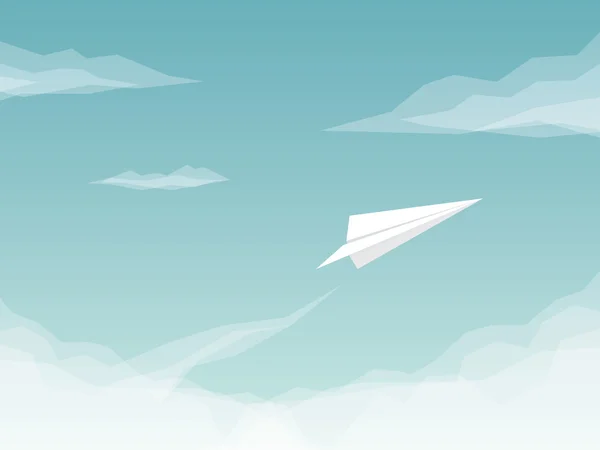 구름 위의 비행 하는 비행기 종이 비행기 배경. 사업 성공과 자유의 상징. — 스톡 벡터