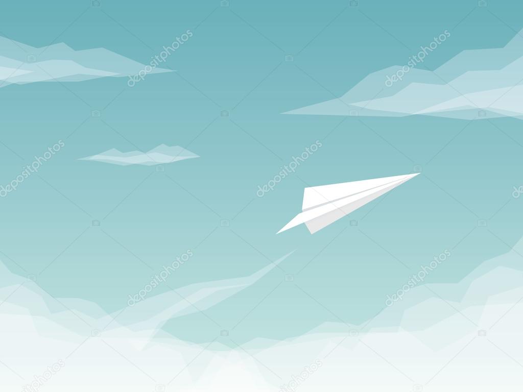 Paper plane background with airplane flying above clouds. Business symbol of success and freedom.