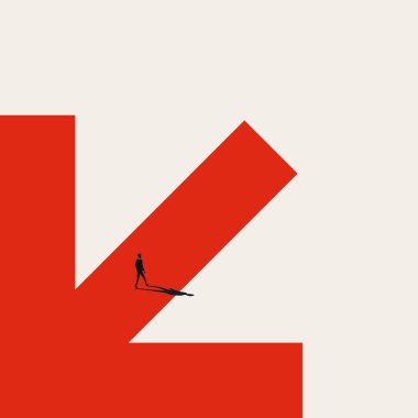 Büyük bir kırmızı ok yolunda yürüyen bir iş adamının silüetinin minimalist vektör çizimi. Stratejik yön kavramı, kariyer seçimleri, liderlik ve iş kararları.