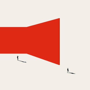 Minimalist vektör konsepti, büyük bir kırmızı duvarın etrafında yürüyerek çözüm bulmanın gösterimi. Engelleri aşmanın, kutunun dışında düşünmenin ve bakış açısını değiştirmenin sembolü..