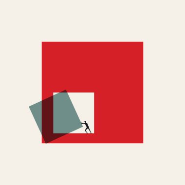 Bir iş adamının silueti meydan girişinden bir blok öteye itiyor. Piyasa bozulmasının sembolü, teknoloji yeniliği. En küçük illüstrasyon vektörü kavramı.