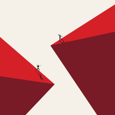 Sivri kırmızı tepelerde dengede duran bir iş kadını ve iş kadınının siluetinin minimum vektör çizimi. Yüksek risk, mali istikrarsızlık, piyasa tehlikesi ve meydan okuma sembolü.