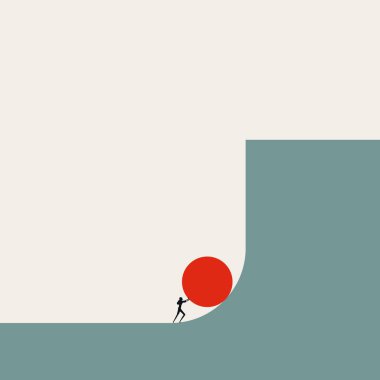 Kırmızı küreyi dik ve dikey bir eğriye itmeye çalışan bir iş kadınının silüetinin minimum vektör çizimi. Sıkı çalışmanın, zorlu savaşların ve zorluklara karşı çıkmanın sembolü..