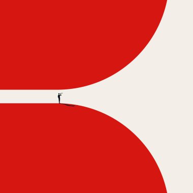 Kırmızı ufuk açılışında duran bir liderin minimalist vektör çizimi. Bu, yeni iş fırsatları, stratejik planlama ve gelecekteki pazar genişlemesi arayışının göstergesidir..