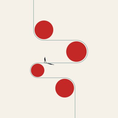 Kırmızı daireleri birbirine bağlayan dolambaçlı bir yolda yürüyen bir iş adamının minimalist vektör çizimi. İş süreci, iş akışı adımları, zaman çizelgesi ve stratejik bir rotayı temsil eder.