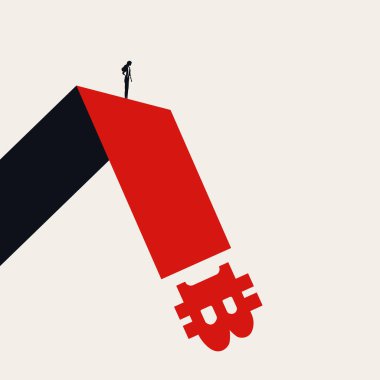 Bitcoin değerindeki ani düşüşü gözlemleyen bir iş kadınının minimalist vektör çizimi. Kripto para birimi çöküşü, mali risk, piyasa dengesizliği ve yatırım kaybı.