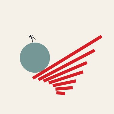 Dengesiz kırmızı kalaslardan yuvarlanan bir topta denge sağlamaya çalışan bir iş kadınının minimalist vektör sanatı. Finansal dengesizliği, bozulmayı ve iş riskini simgeliyor.