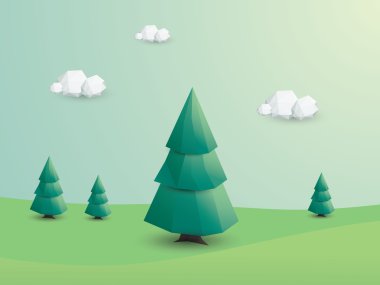 3d low poly landscape with green trees. Environmental ecology nature background.