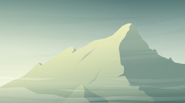 Mountain vector background. High peak snow covered face in morning light with mist and clouds.