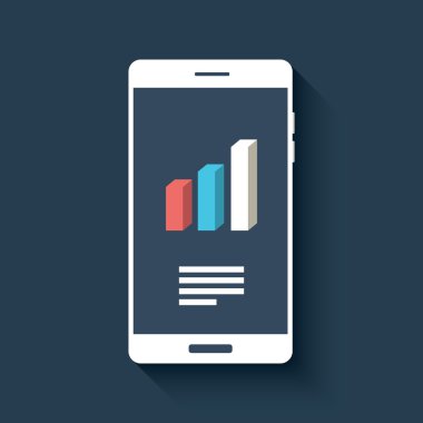 Smartphone with business graphs and charts symbol. Isolated mobile phone on dark background in flat design.