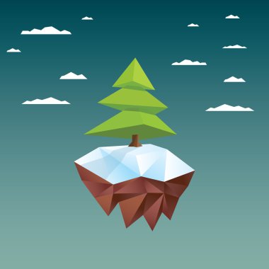 Christmas card template with xmas tree on floating island. Low poly holiday background in 3d.