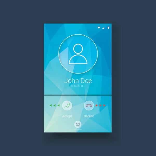 Mobile ui template with calling screen on blue low poly background. White line icons for smartphone user interface application. — Stock vektor