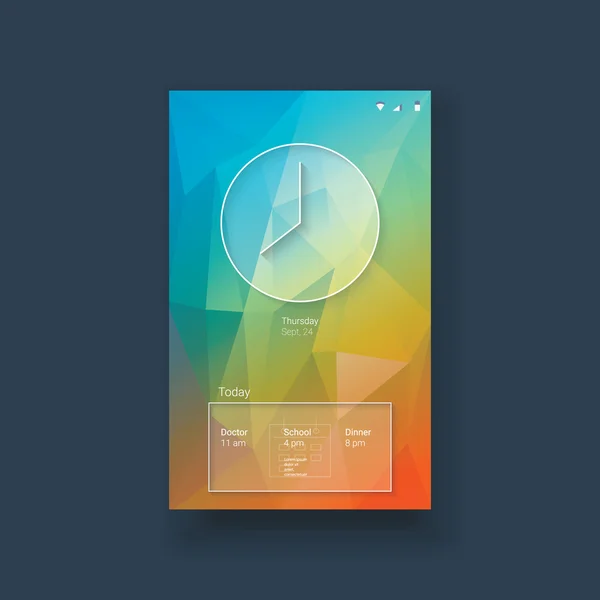 Mobile ui template with clock and calendar on colorful low poly background. White line icons for smartphone user interface application. — Stockový vektor