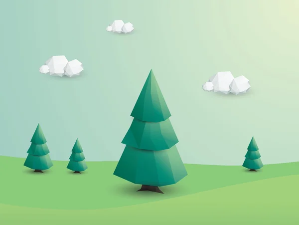 3D Low-Poly-Landschaft mit grünen Bäumen. Umwelt Ökologie Natur Hintergrund. — Stockvektor