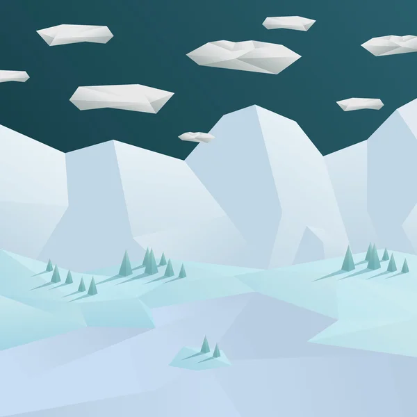 Low poly winter landscape background. 3d polygonal mountains and trees scene. — Stockový vektor