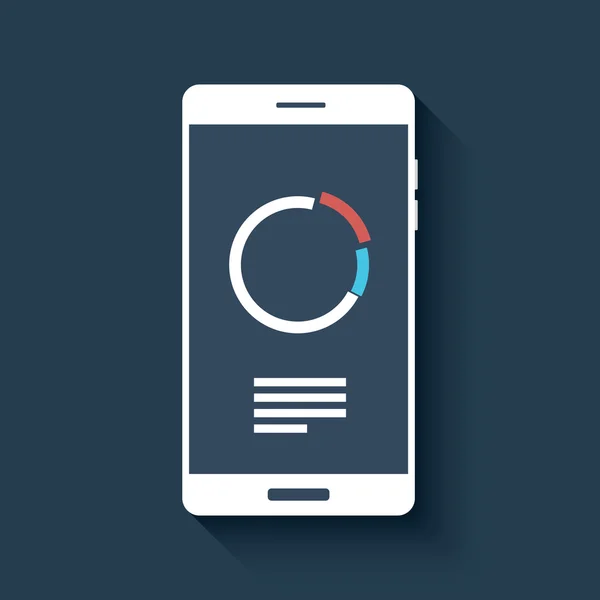 Smartphone mit Geschäftsdiagrammen und Charts-Symbol. isoliertes Mobiltelefon auf dunklem Hintergrund in flacher Ausführung. — Stockvektor