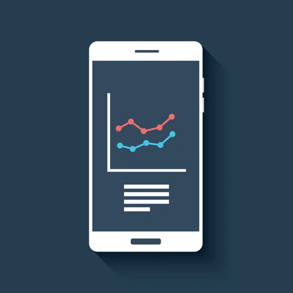Smartphone with business graphs and charts symbol. Isolated mobile phone on dark background in flat design. — 图库矢量图片
