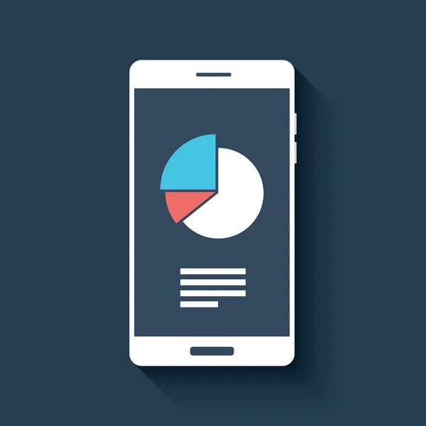 Smartphone mit Geschäftsdiagrammen und Charts-Symbol. isoliertes Mobiltelefon auf dunklem Hintergrund in flacher Ausführung. — Stockvektor