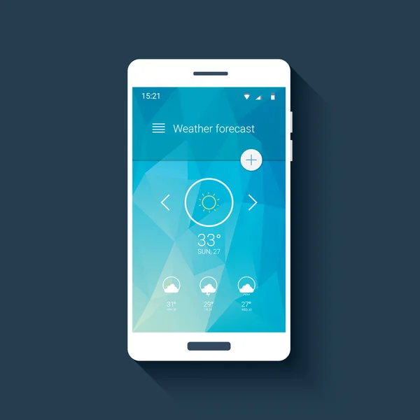 Weather forecast ui for smartphone app. Mobile user interface template with line icons on low poly background.