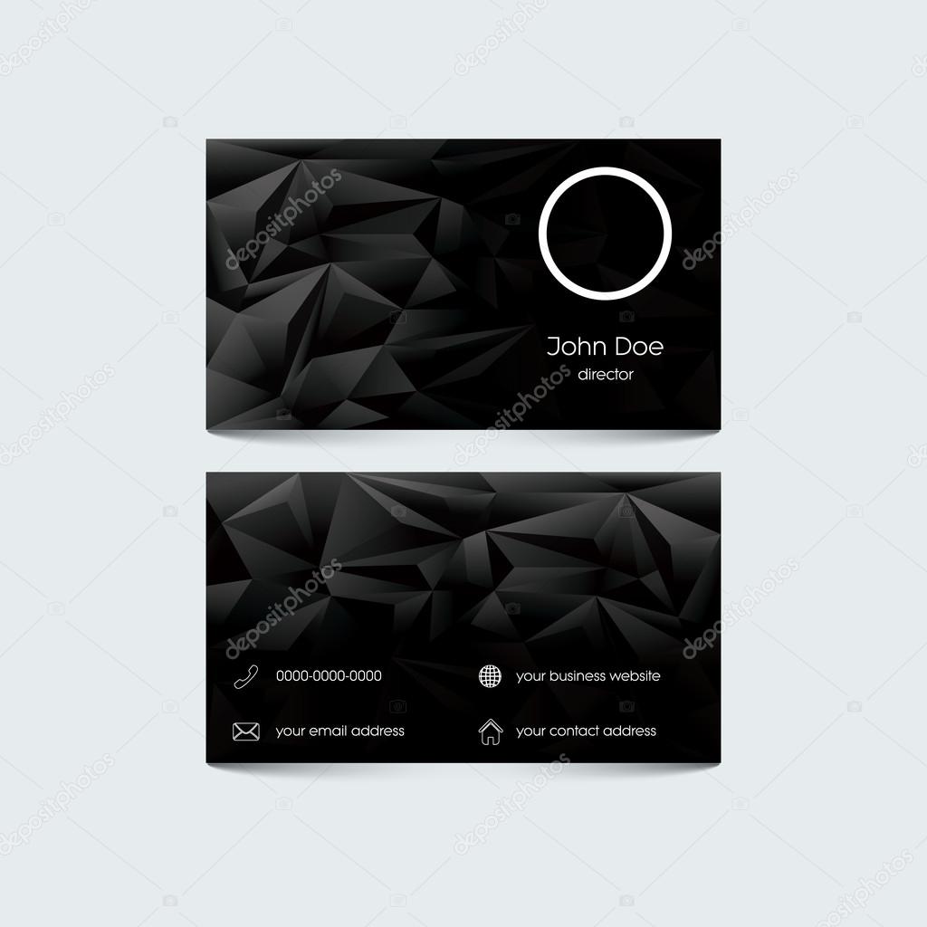 Elegant business card template. Low poly black background. Set of icons for contacts.